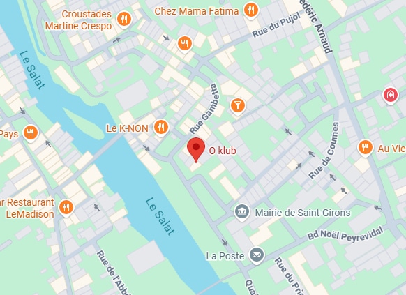 Plan de Saint-Girons : Situation de O klub et du Salat Plan de Saint-Girons localisant O klub, rue Gambetta, près de la rivière Le Salat et de la mairie.